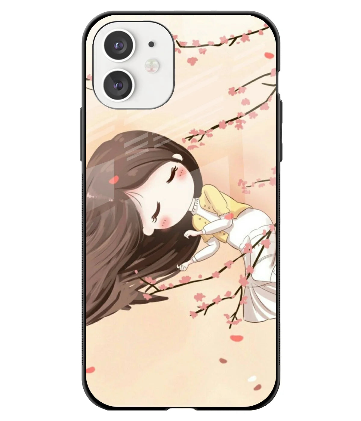 A front-on view of a glass phone case with a colorful design.