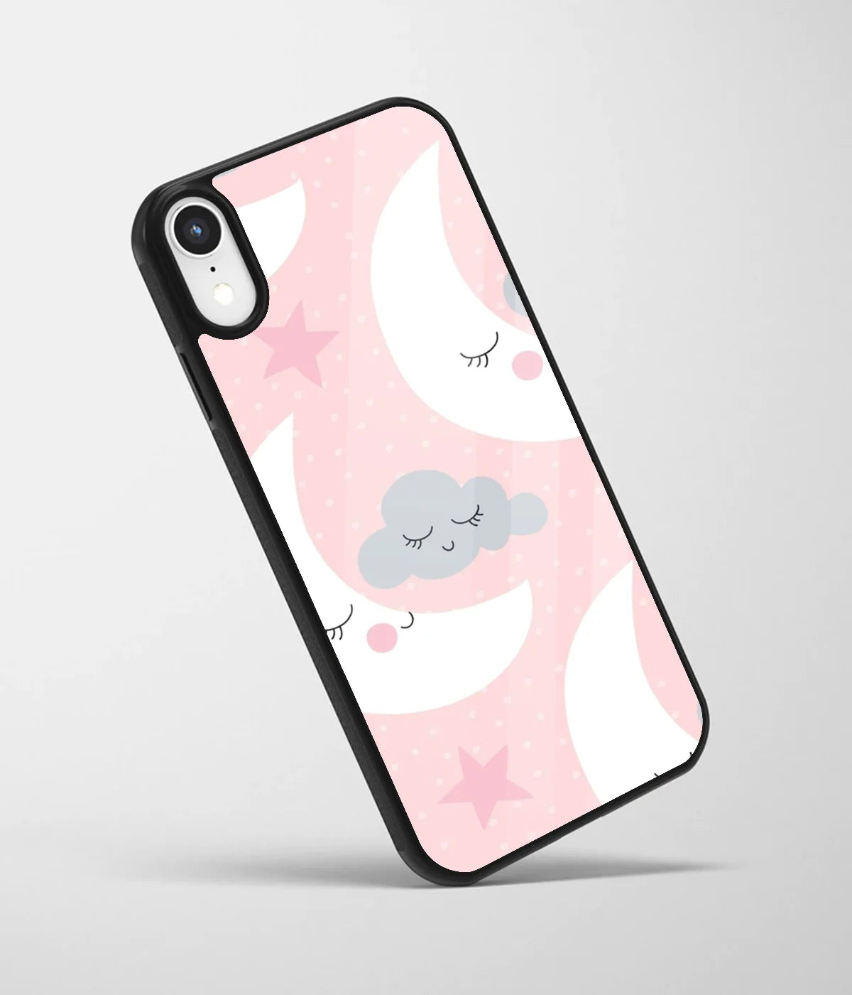 An angled view of a glass phone case featuring a vibrant design.