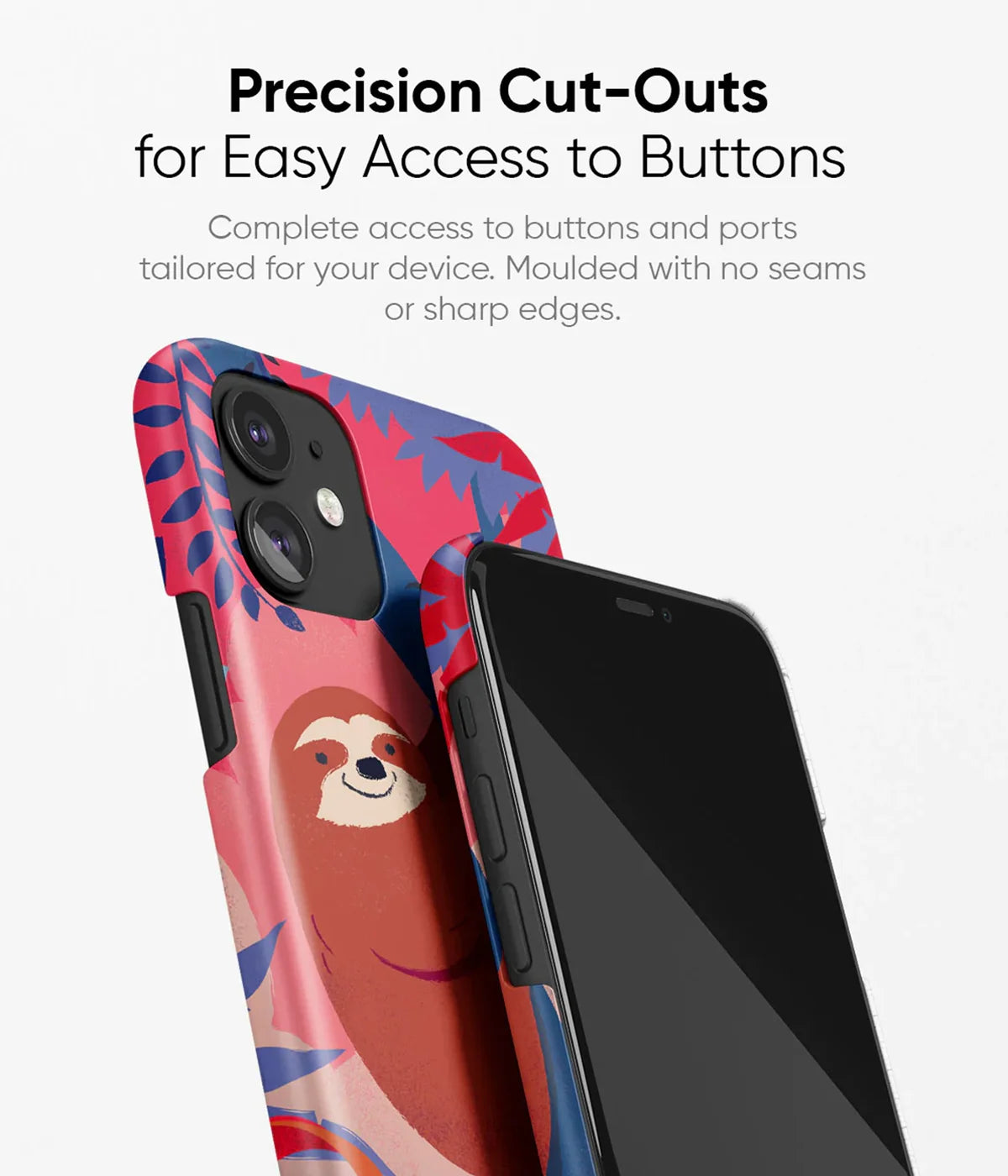 An image showing a slim hard phone case highlighting its precise cut-outs for the camera and buttons.