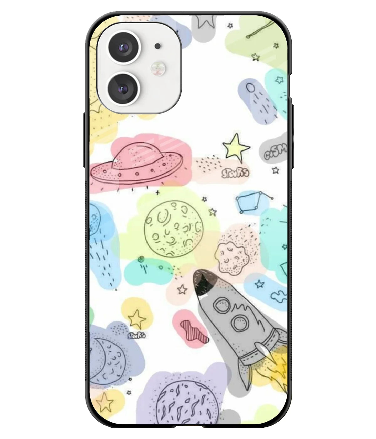 A front-on view of a glass phone case with a colorful design.