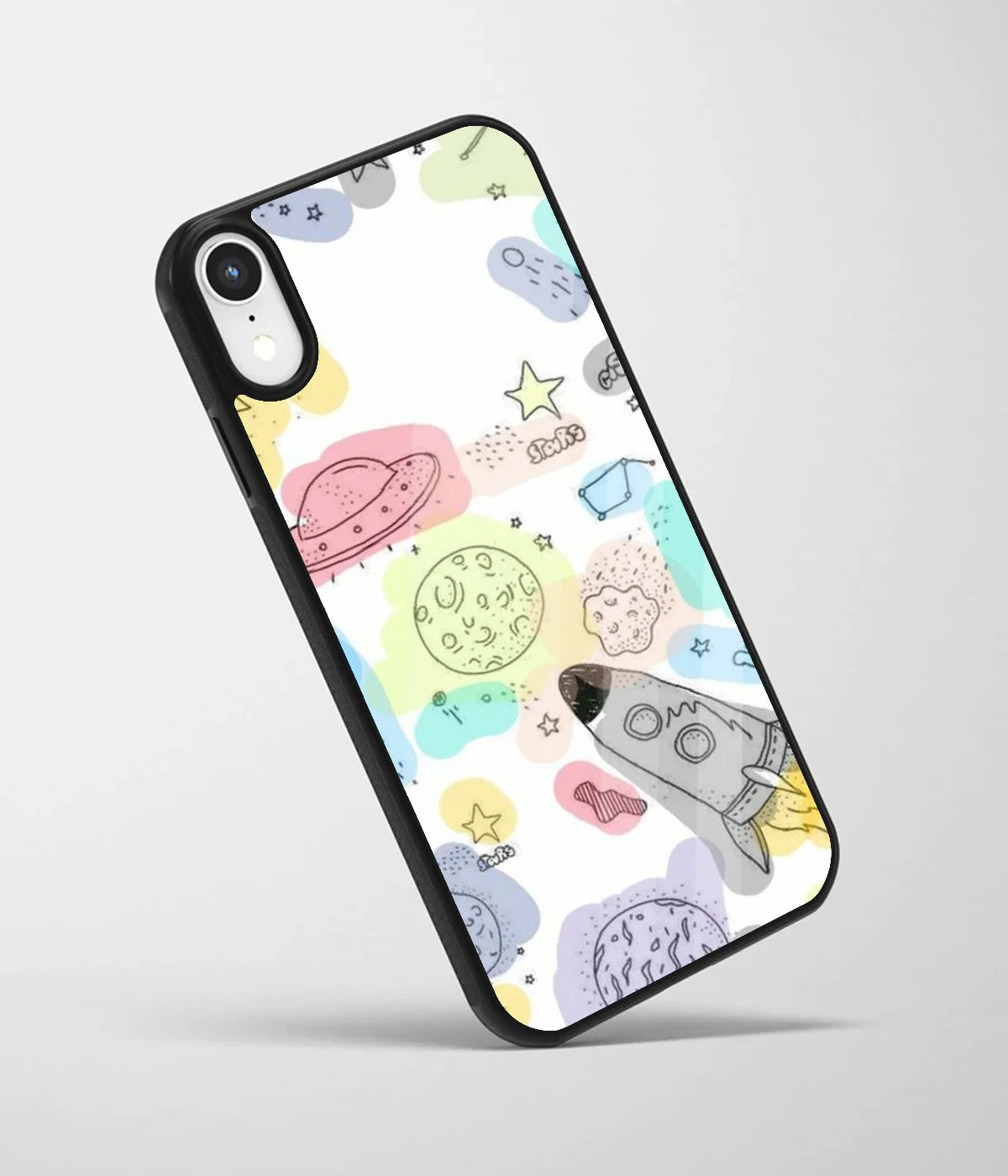 An angled view of a glass phone case featuring a vibrant design.