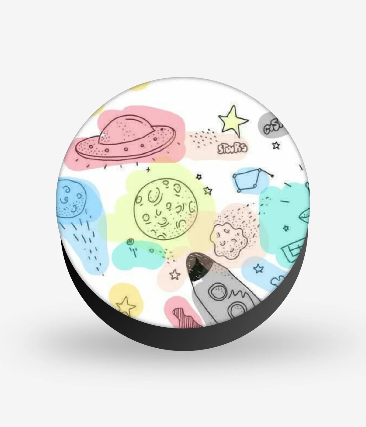 Mobile phone grip with a colorful design on a white background