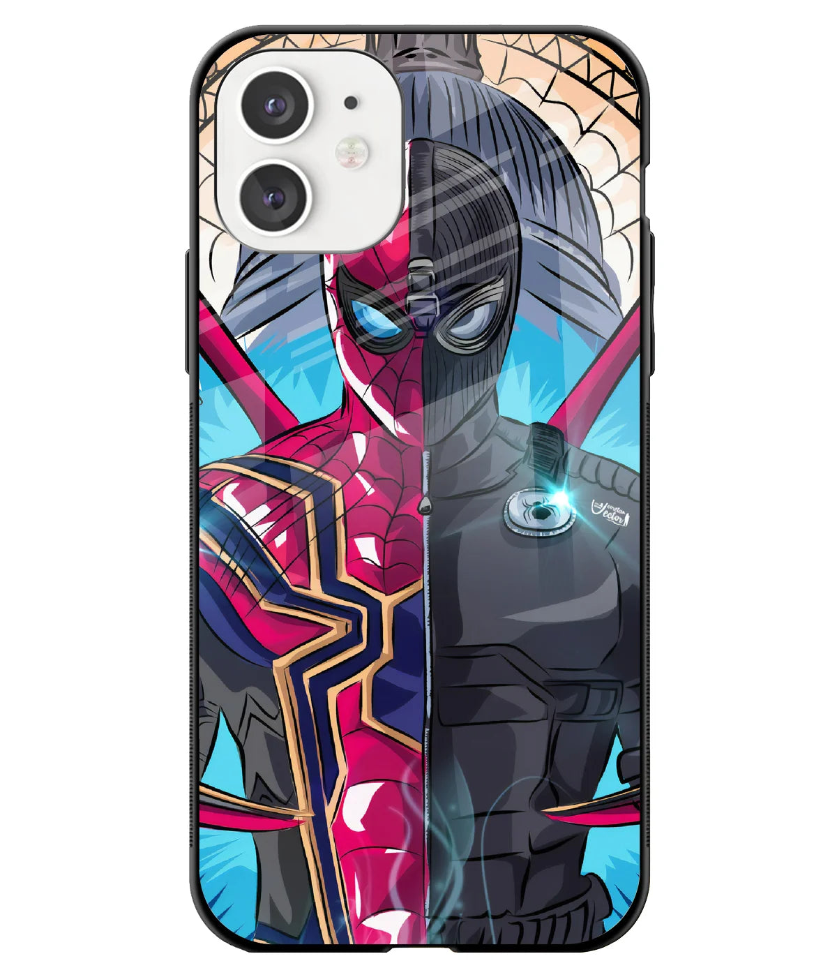 A front-on view of a glass phone case with a colorful design.