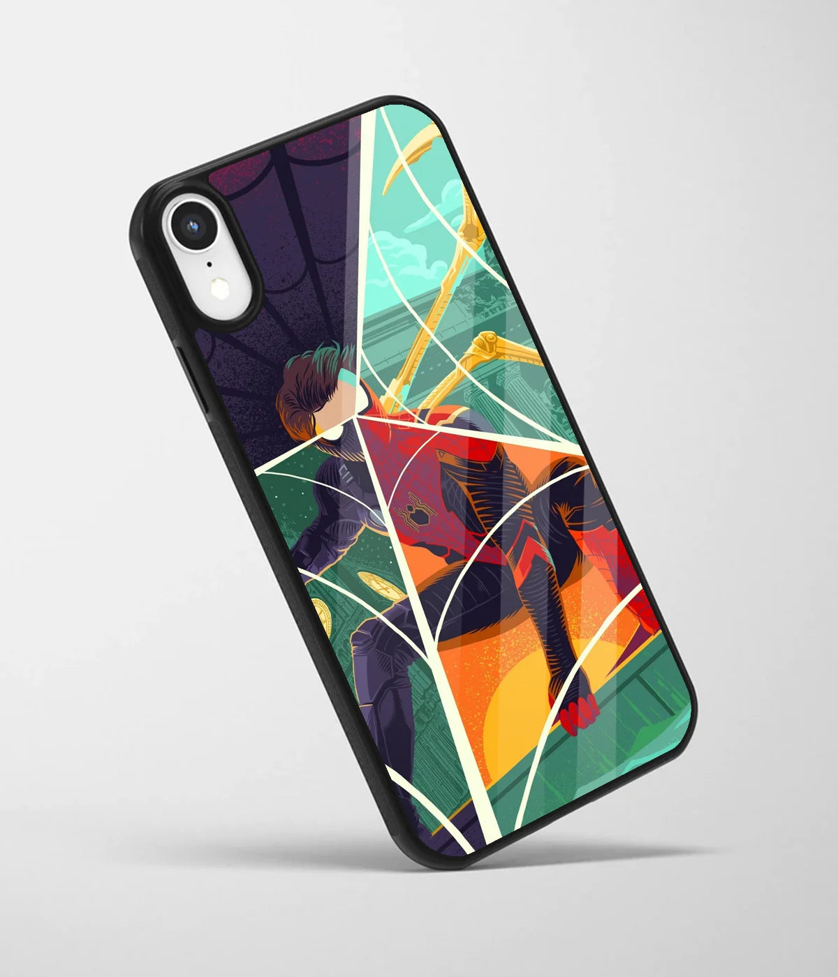 An angled view of a glass phone case featuring a vibrant design.