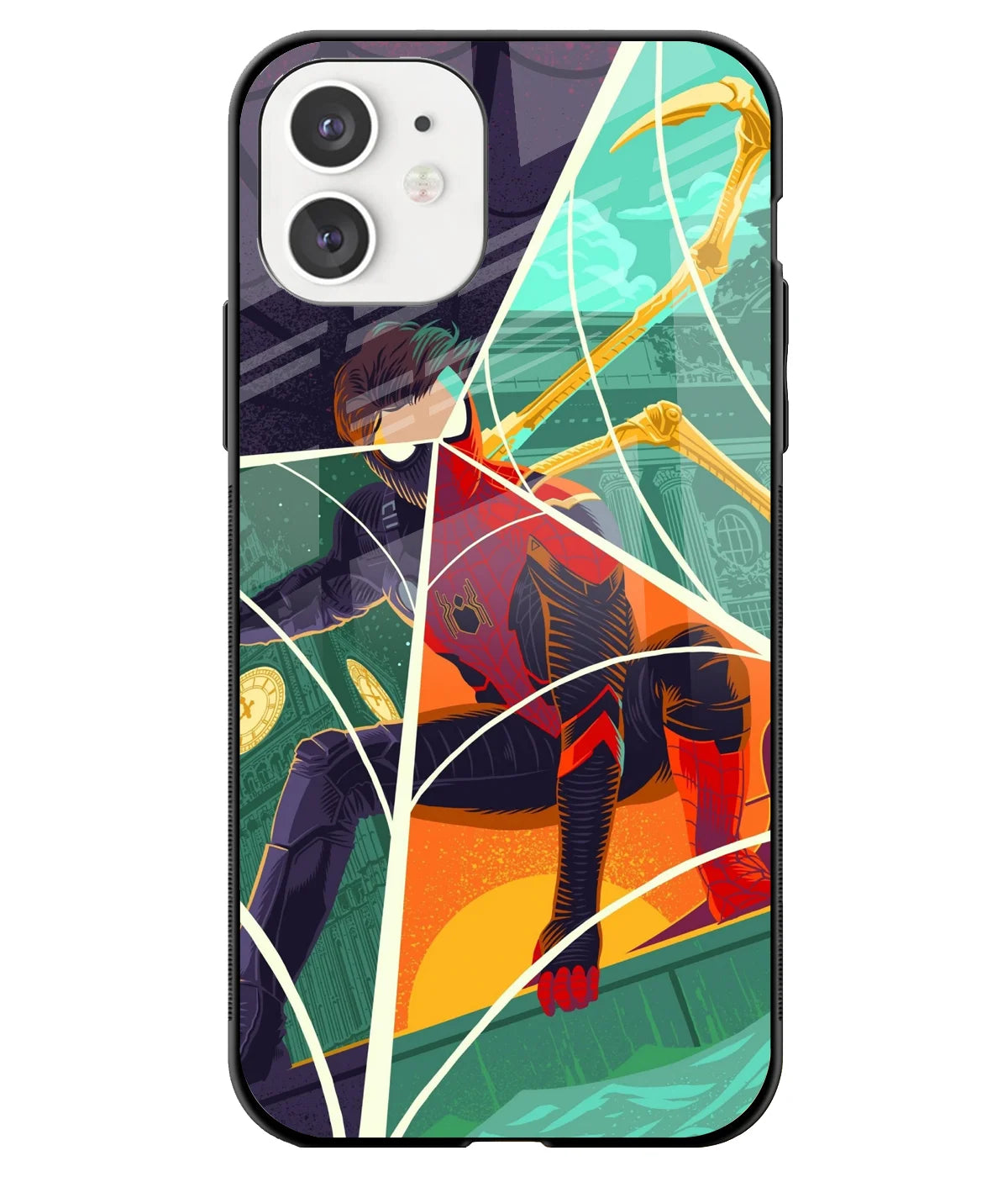 A front-on view of a glass phone case with a colorful design.