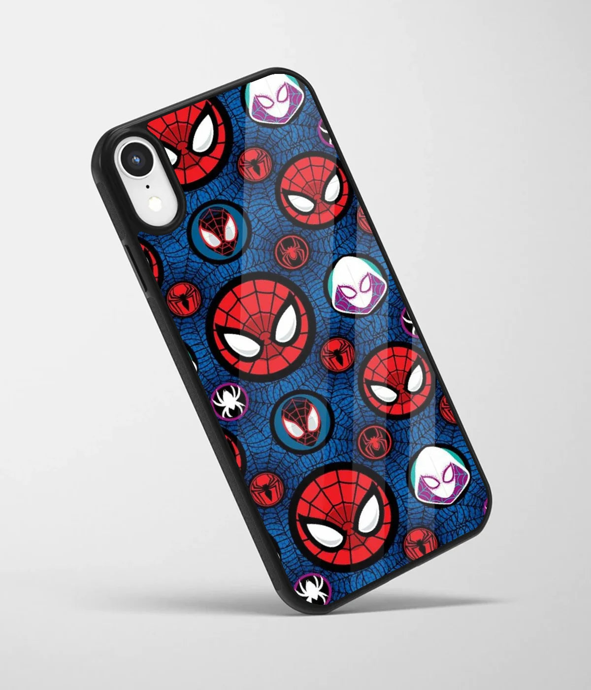 An angled view of a glass phone case featuring a vibrant design.