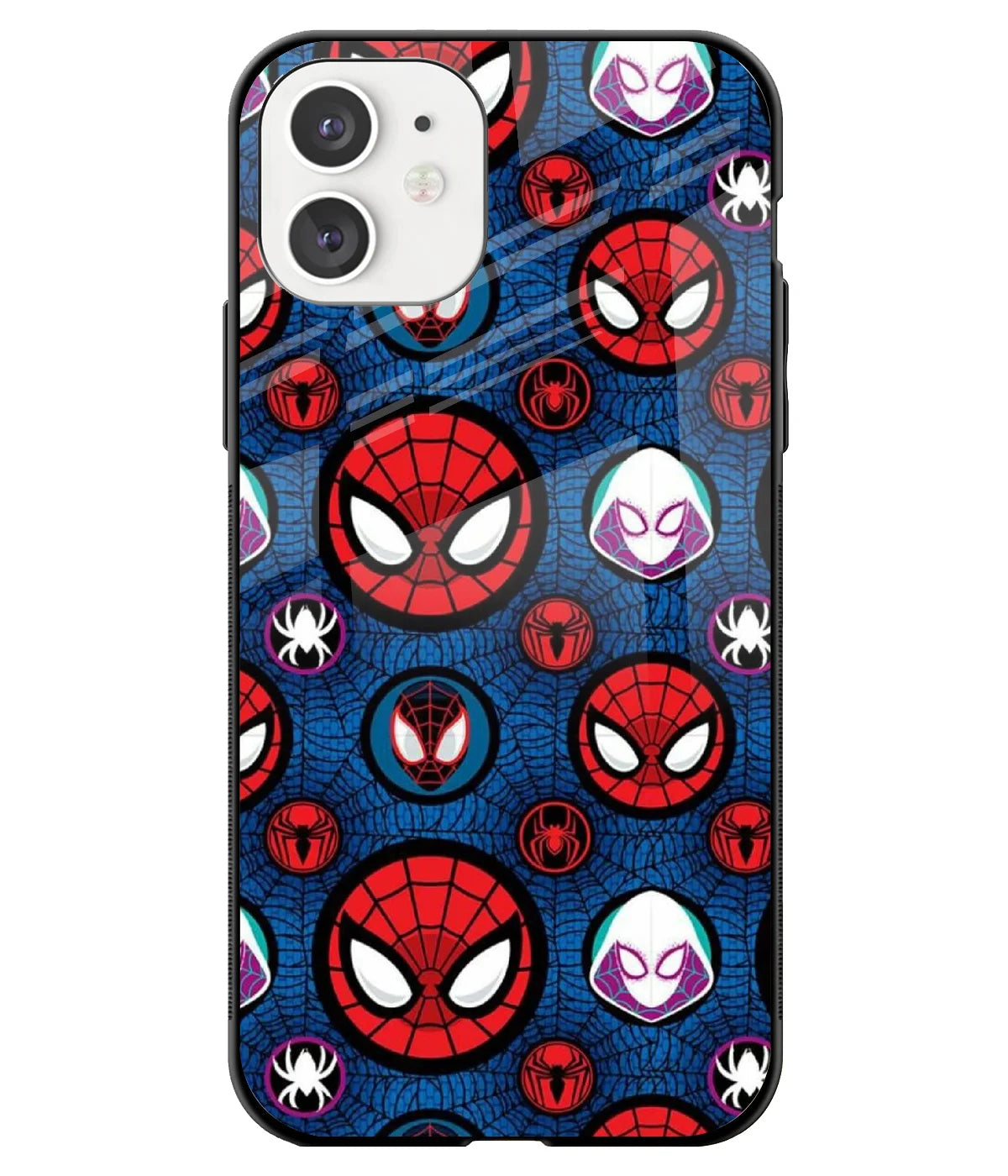 A front-on view of a glass phone case with a colorful design.