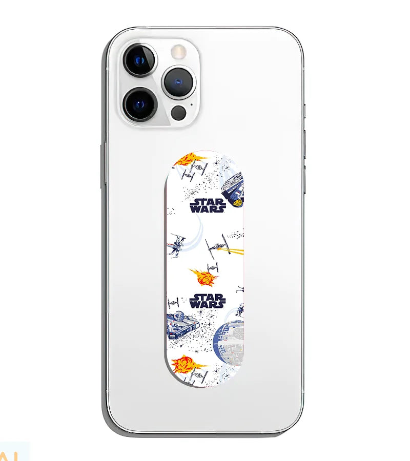 A phone grip slider applied to the back of a smartphone.