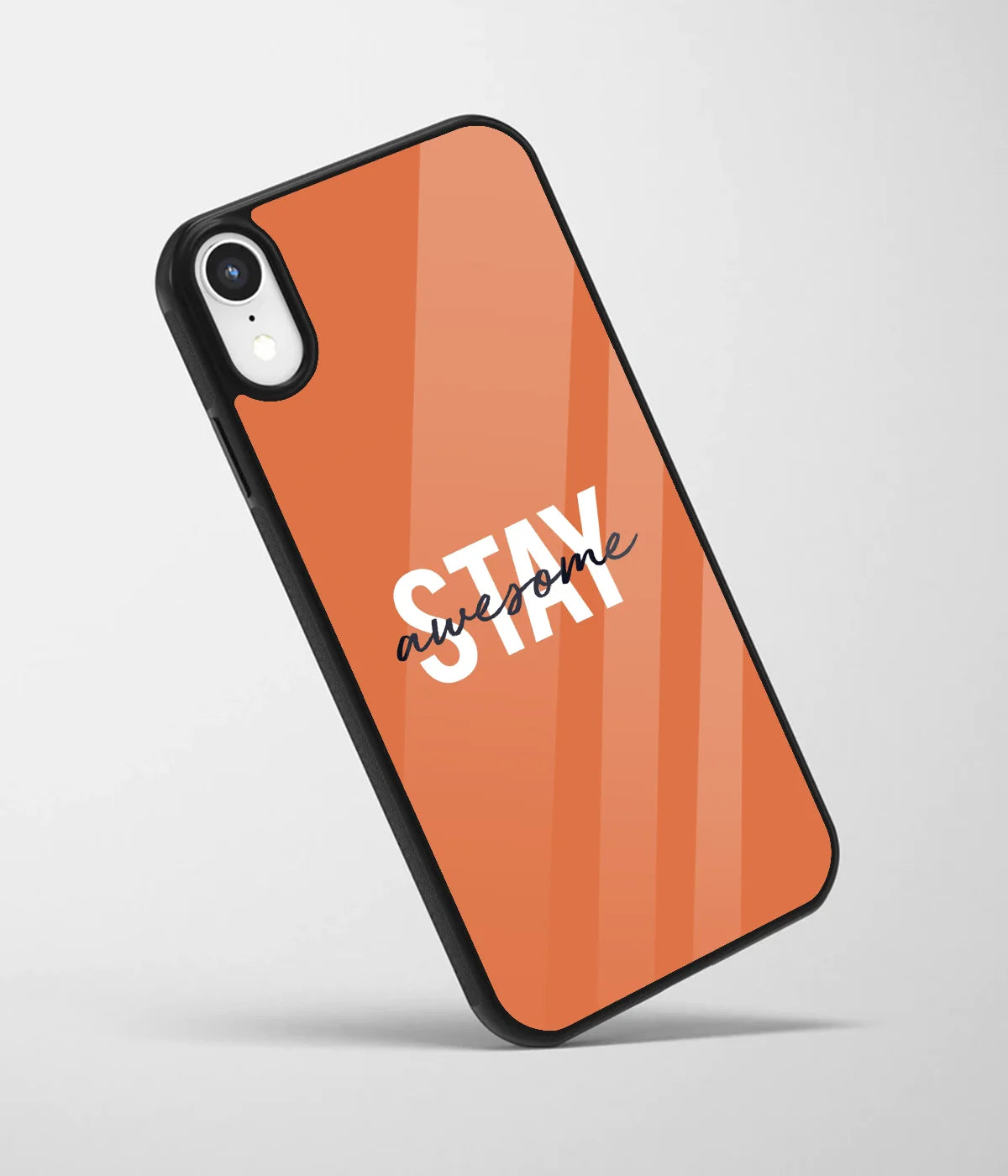 An angled view of a glass phone case featuring a vibrant design.