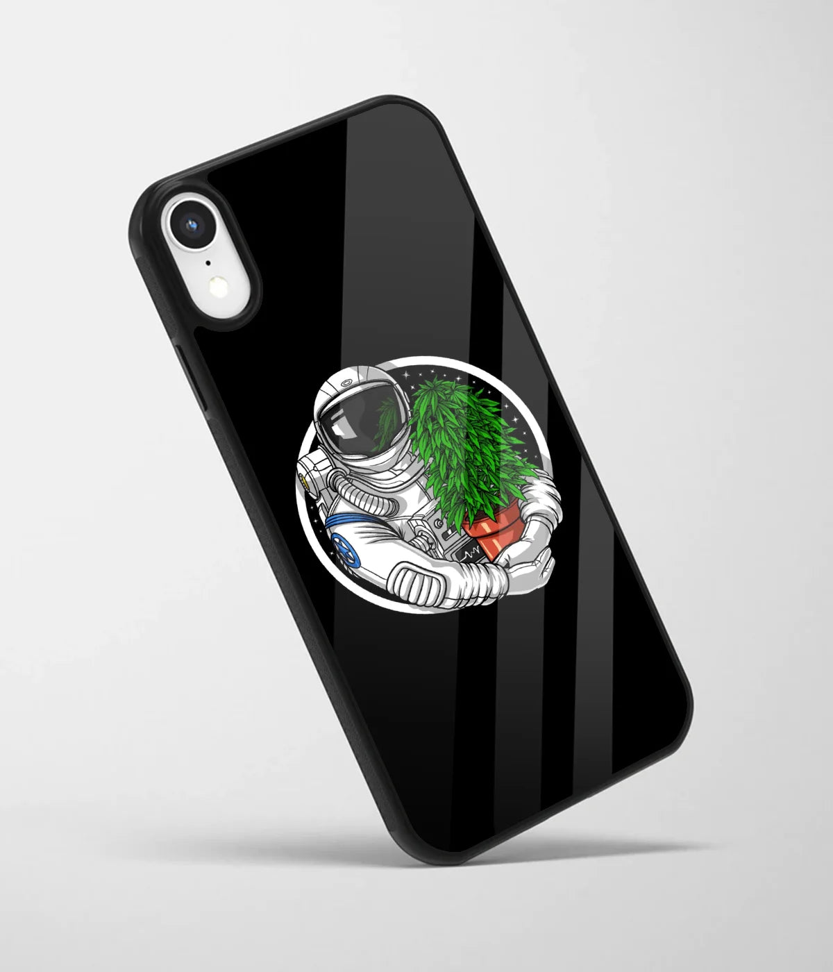 An angled view of a glass phone case featuring a vibrant design.