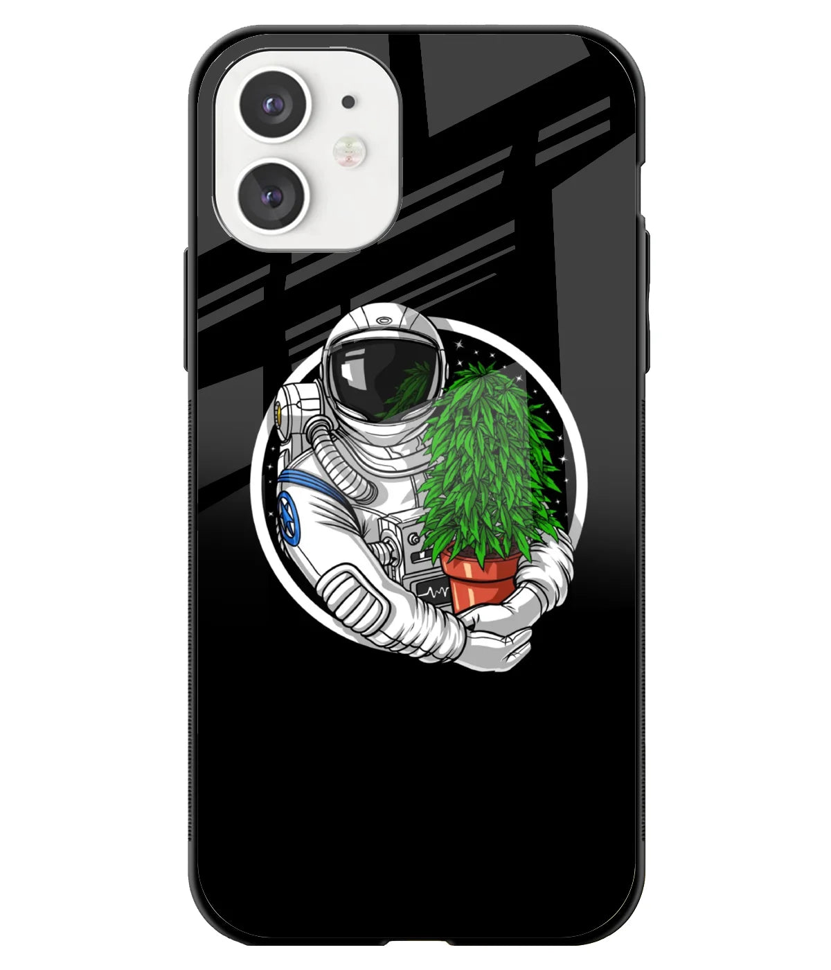 A front-on view of a glass phone case with a colorful design.