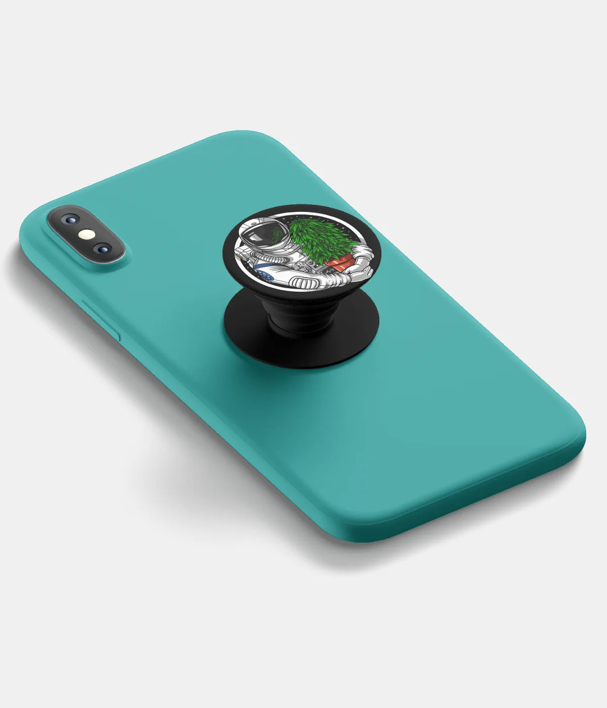 A top-down view of a phone grip holder attached to a mobile phone case on a white background