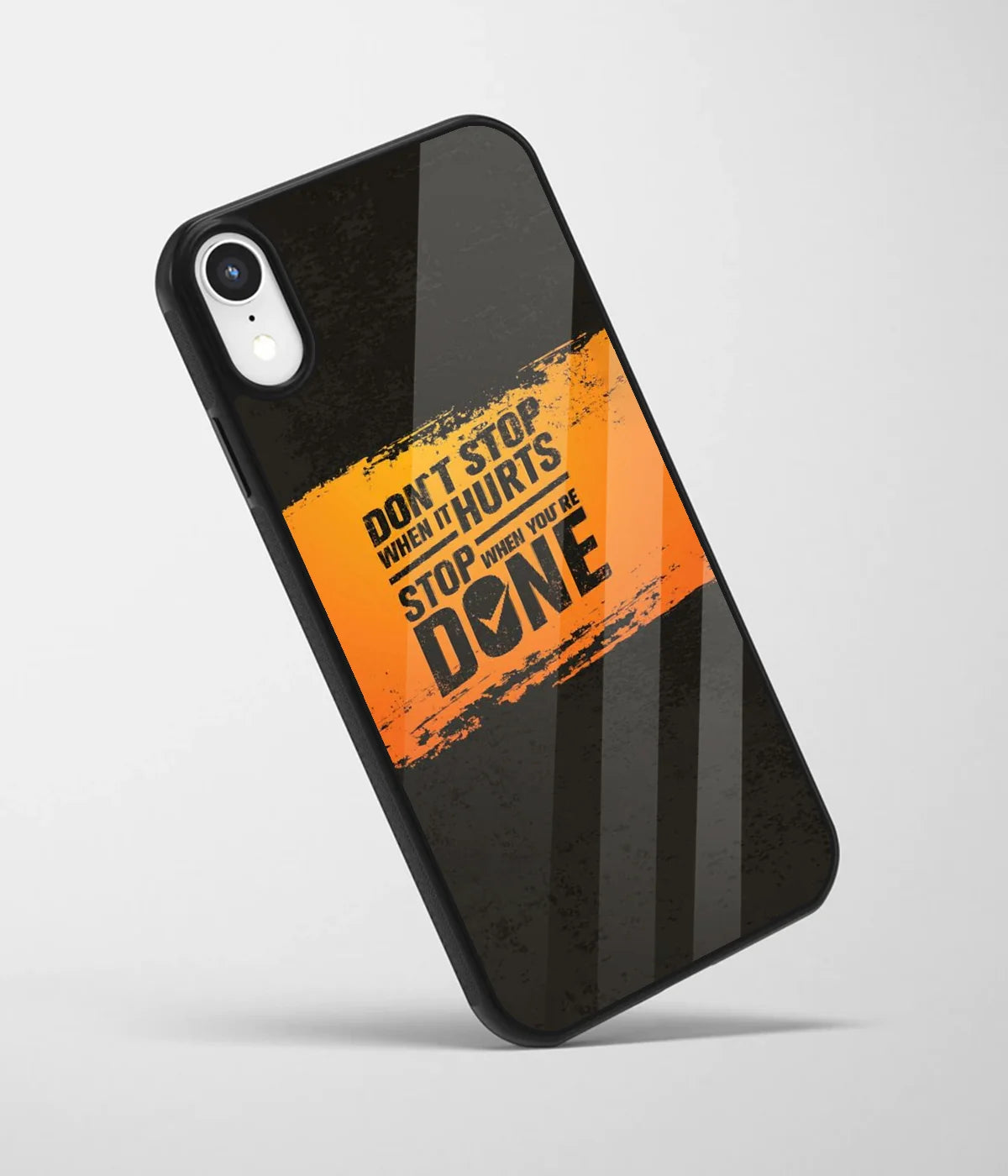 An angled view of a glass phone case featuring a vibrant design.