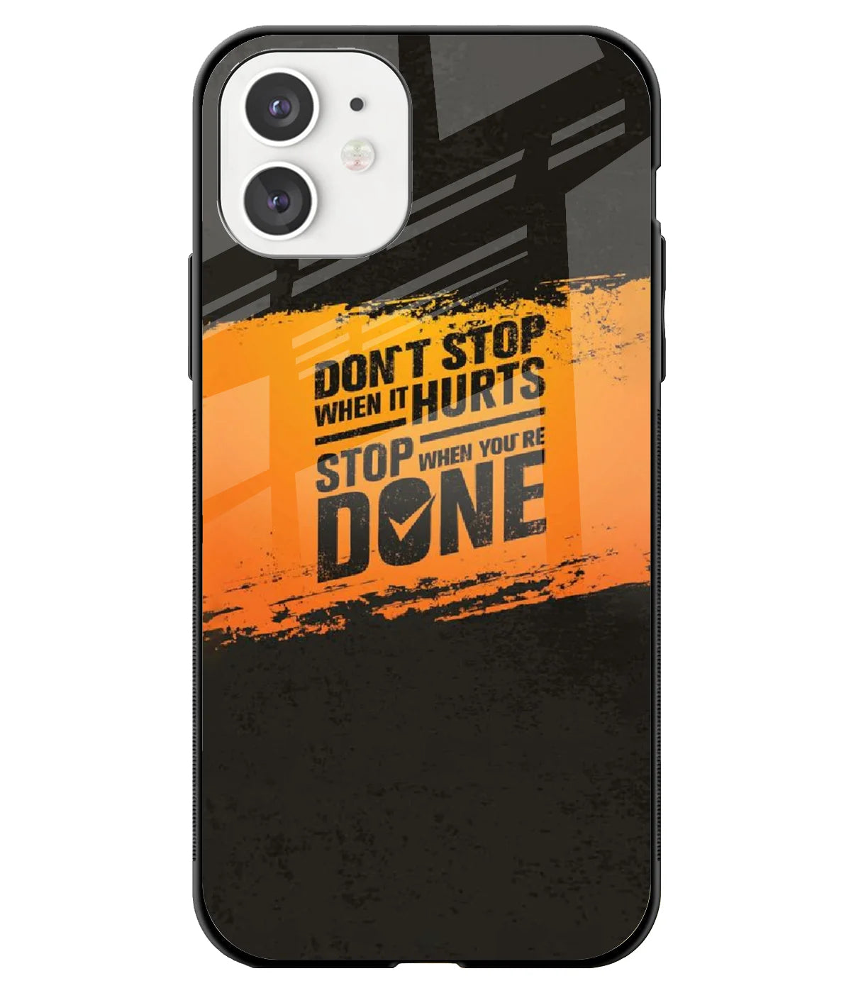 A front-on view of a glass phone case with a colorful design.