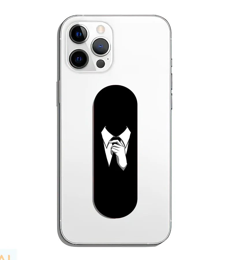 A phone grip slider applied to the back of a smartphone.