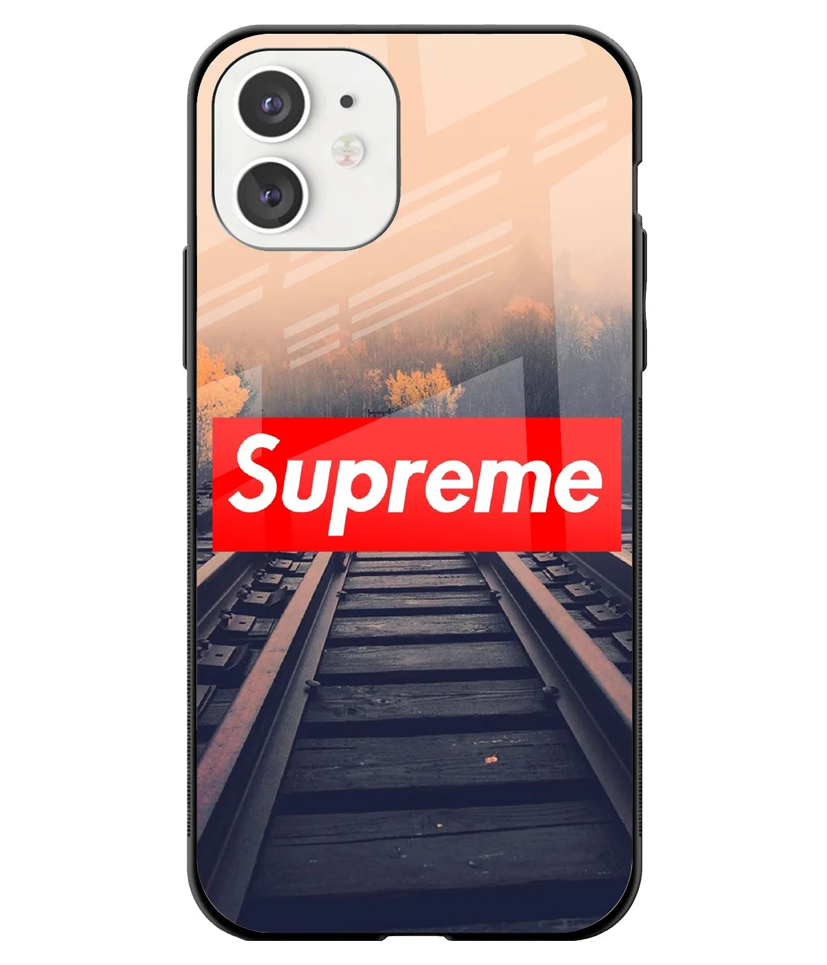 A front-on view of a glass phone case with a colorful design.