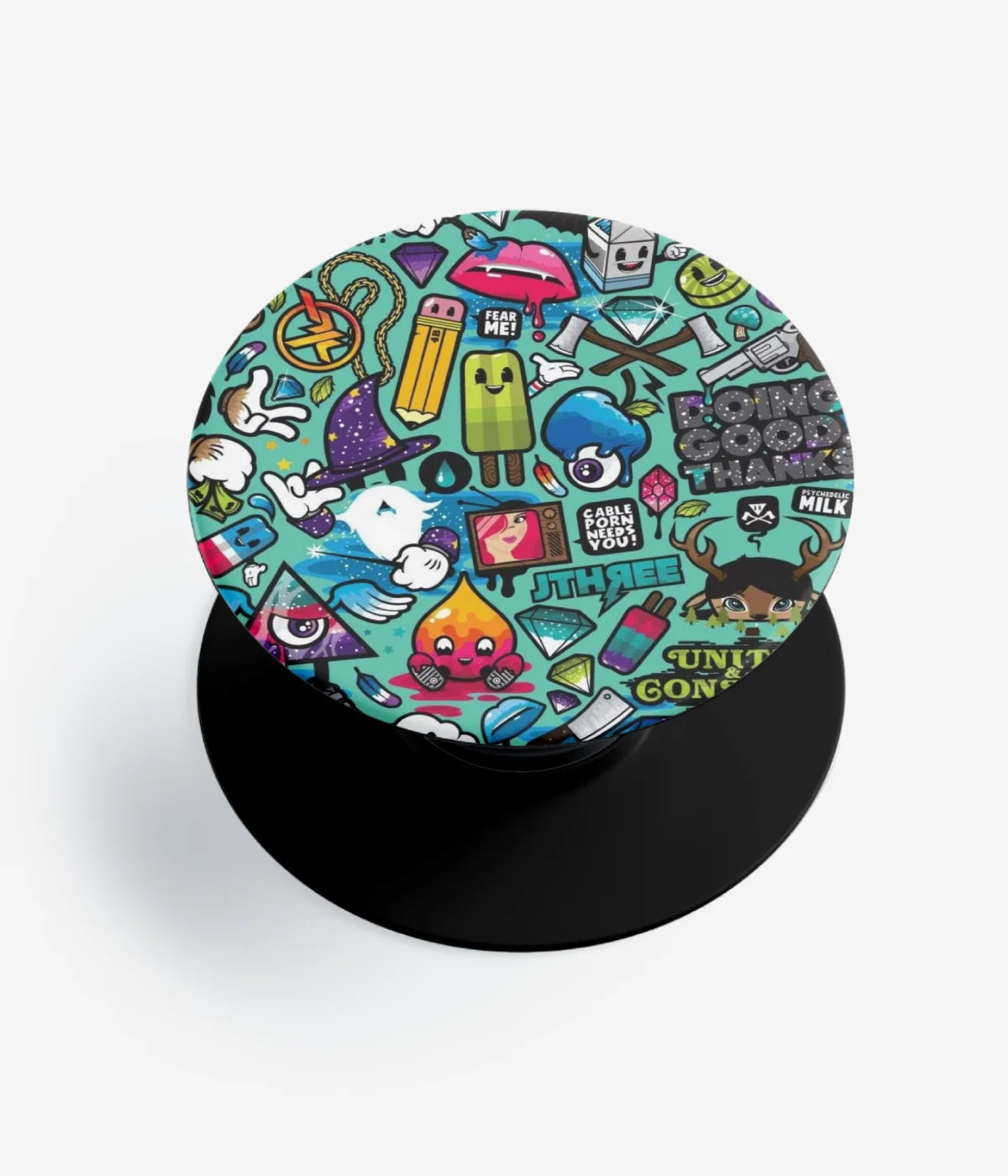 A top-down view of a phone grip holder on a clean white background