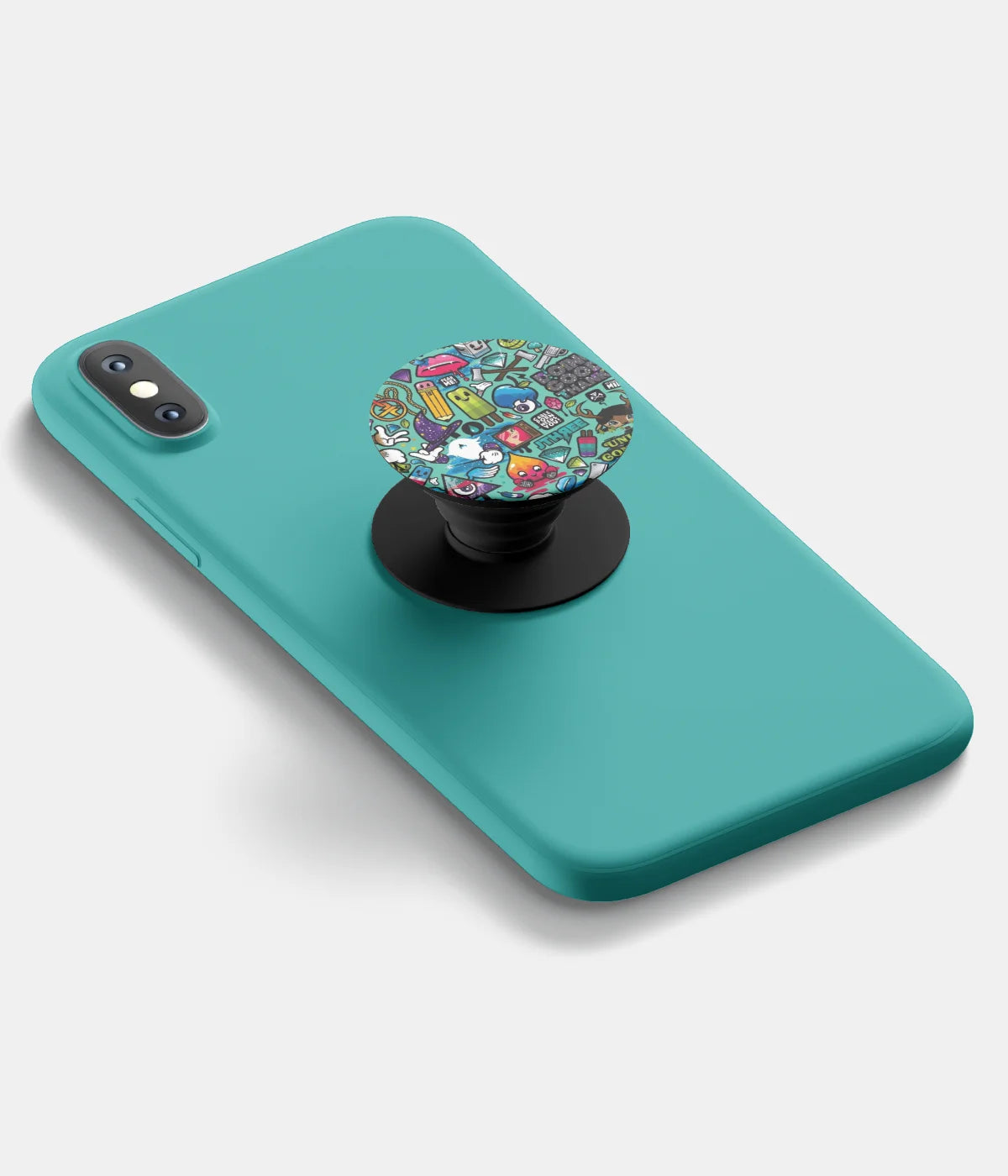 A top-down view of a phone grip holder attached to a mobile phone case on a white background