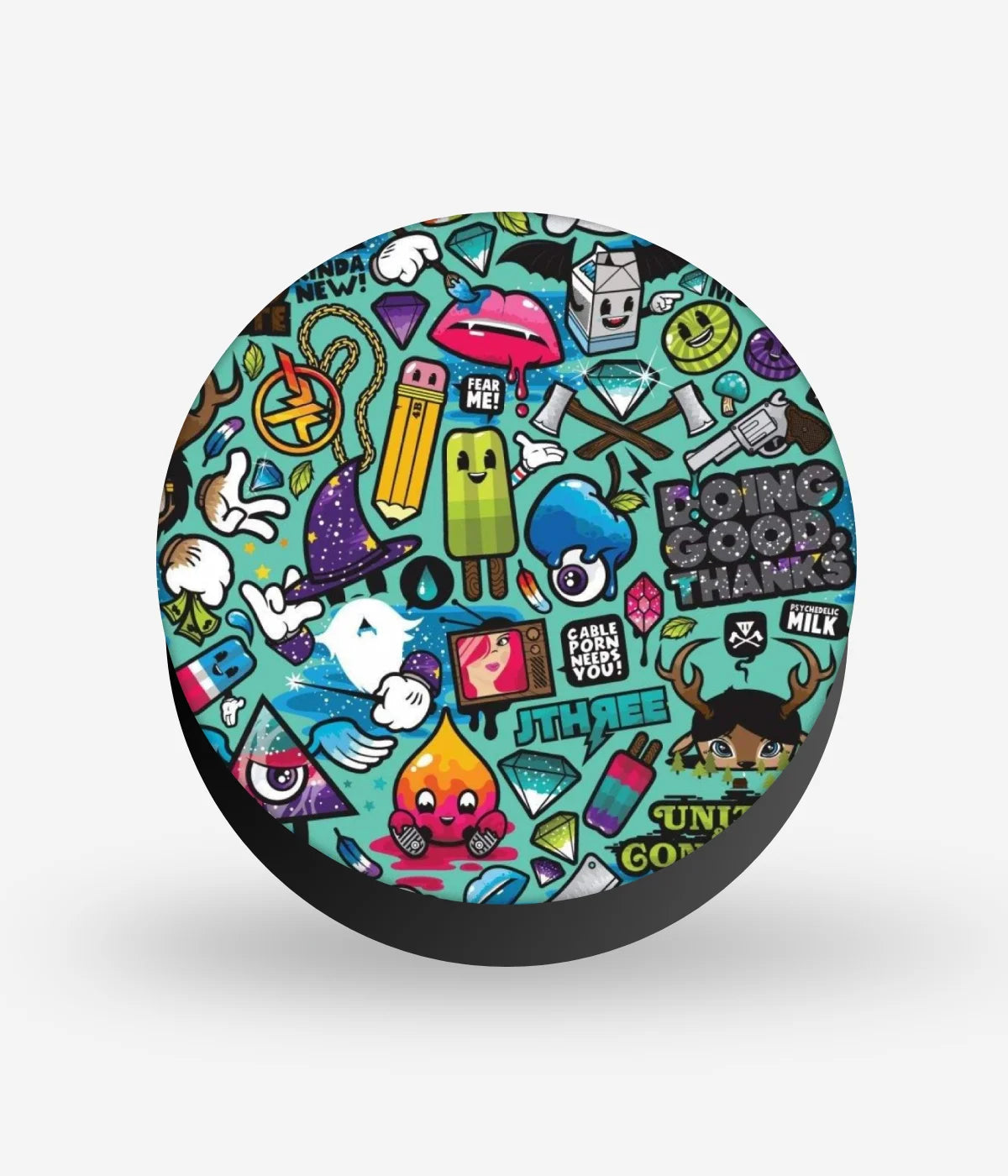 Mobile phone grip with a colorful design on a white background