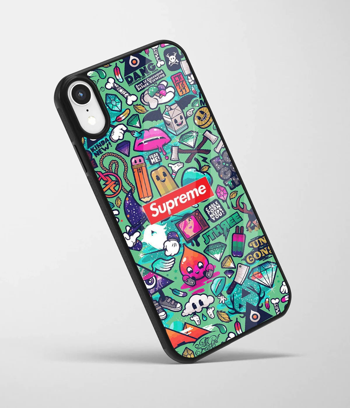 An angled view of a glass phone case featuring a vibrant design.