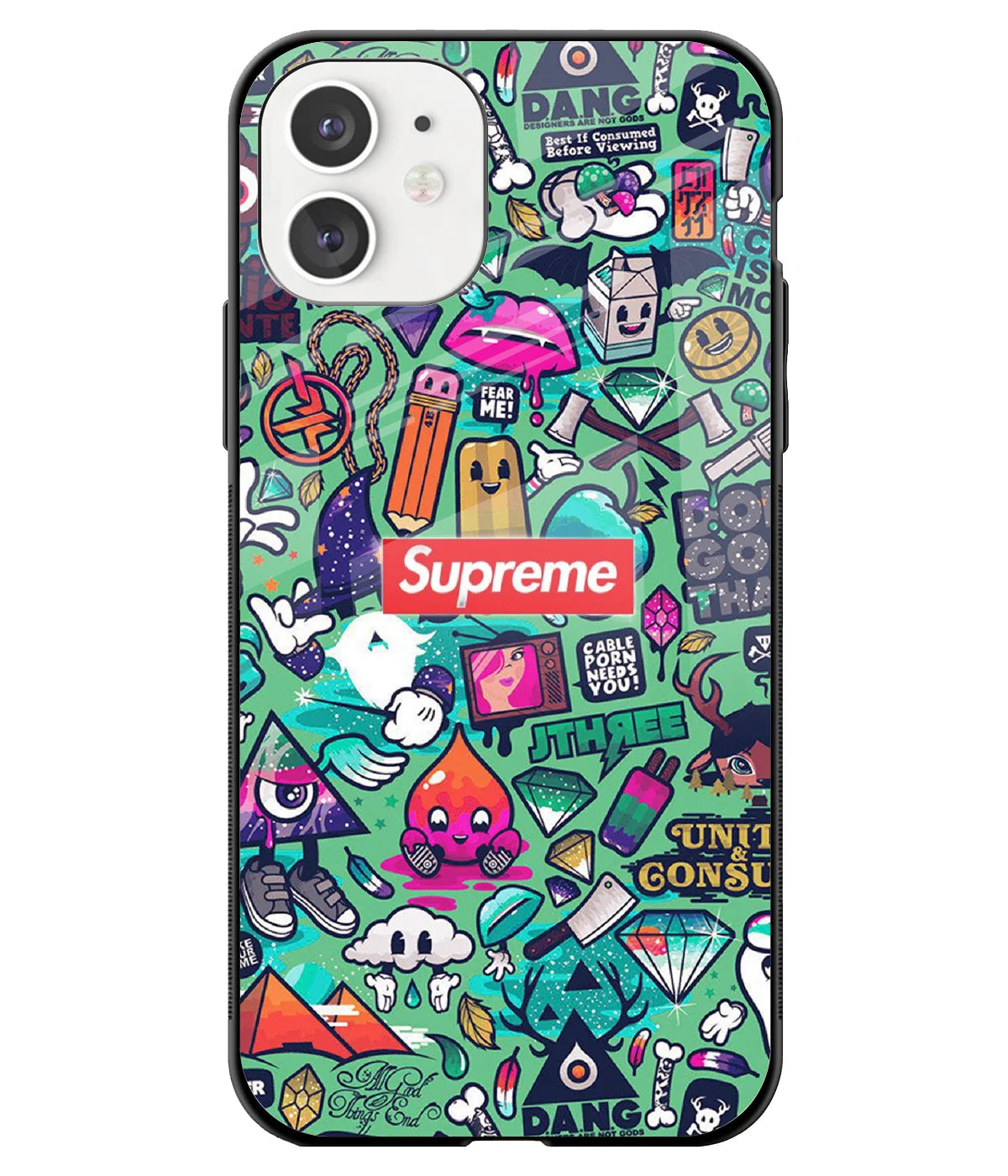 A front-on view of a glass phone case with a colorful design.