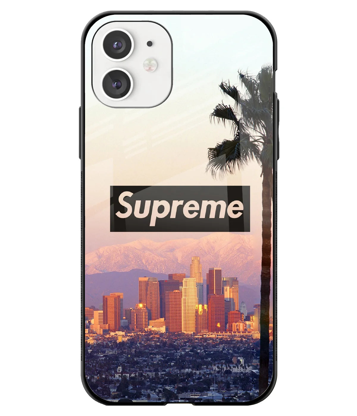 A front-on view of a glass phone case with a colorful design.
