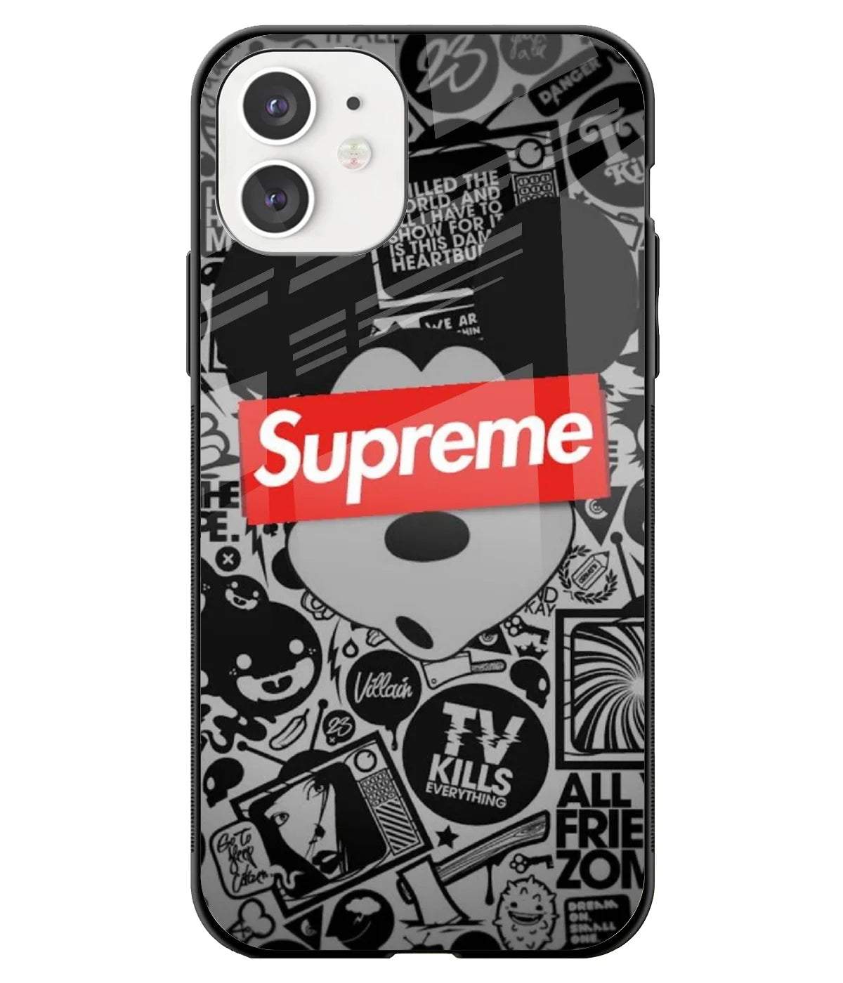 A front-on view of a glass phone case with a colorful design.