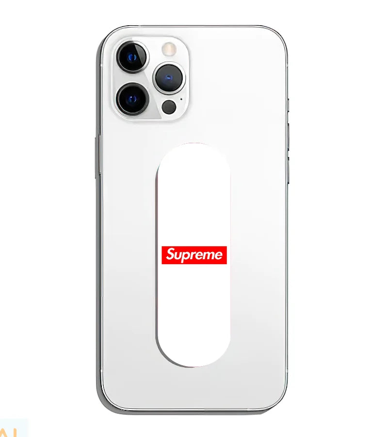A phone grip slider applied to the back of a smartphone.