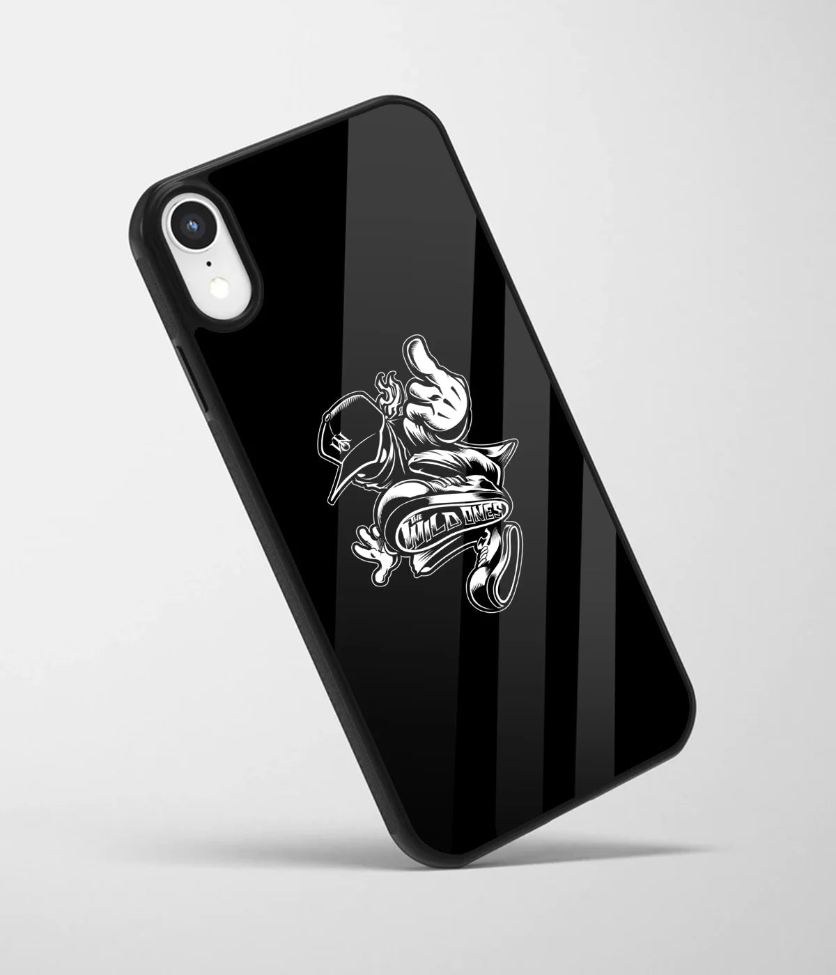 An angled view of a glass phone case featuring a vibrant design.