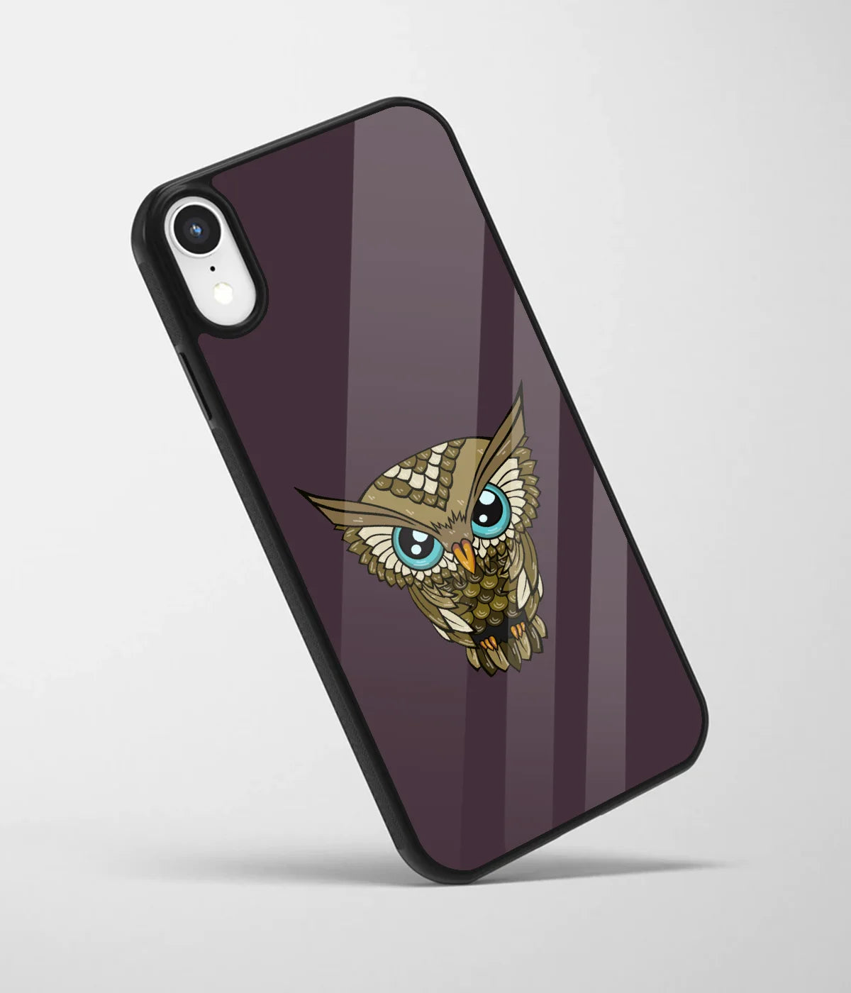 An angled view of a glass phone case featuring a vibrant design.
