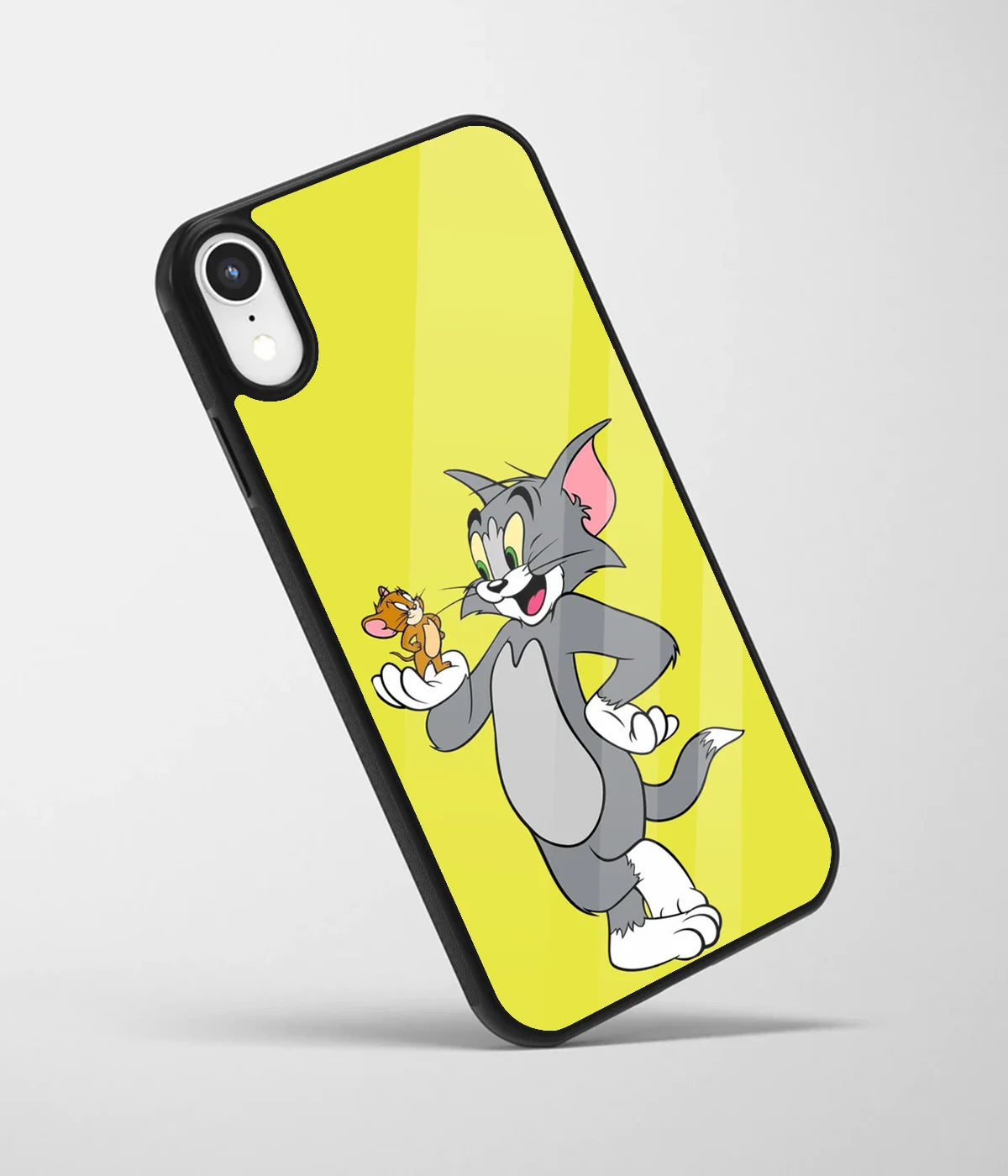 An angled view of a glass phone case featuring a vibrant design.