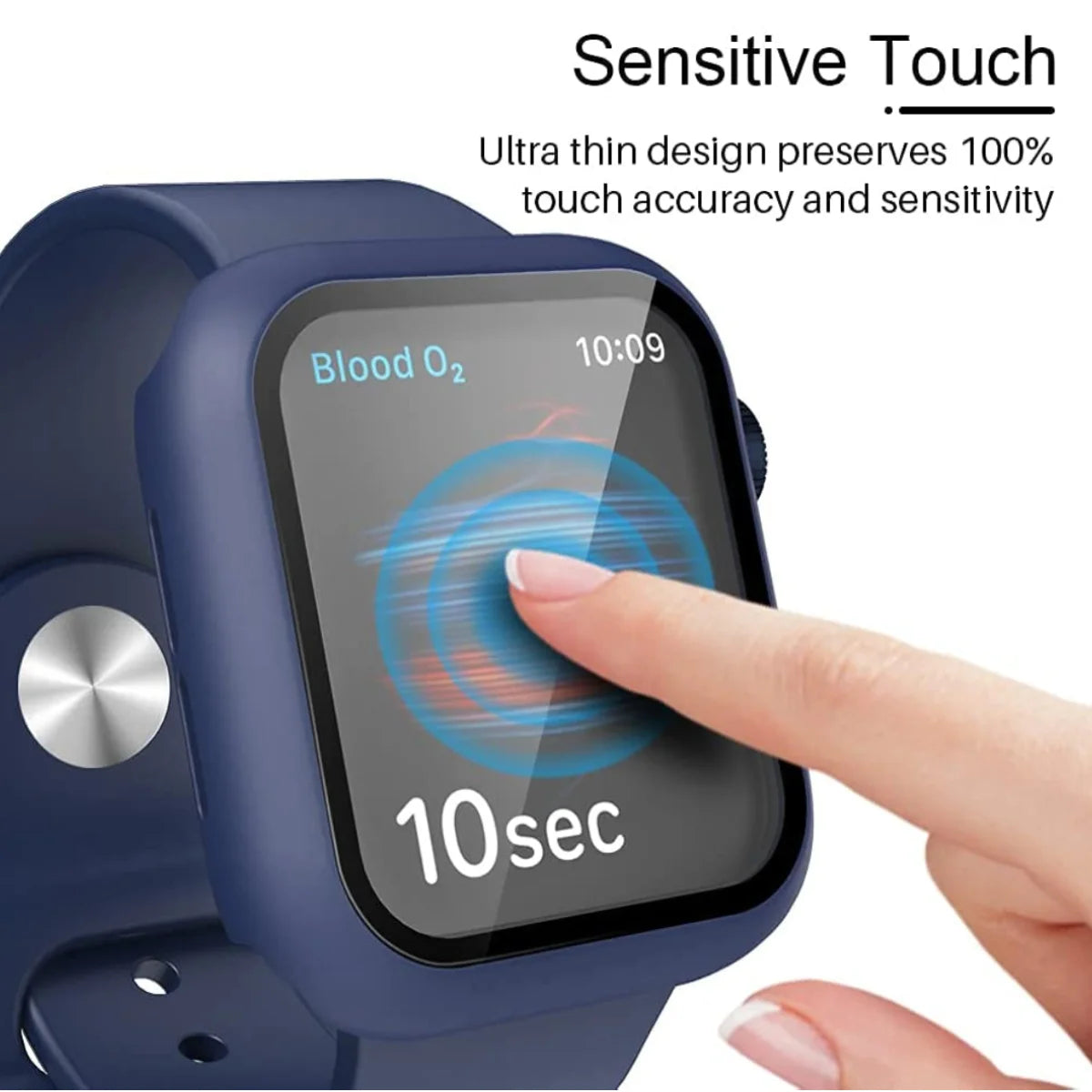 Smartwatch with a blue case on a white background, showing touch accuracy.