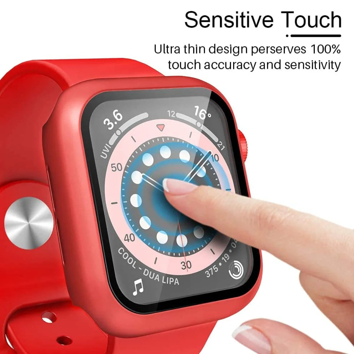 Smartwatch with a red case on a white background, showing touch accuracy.