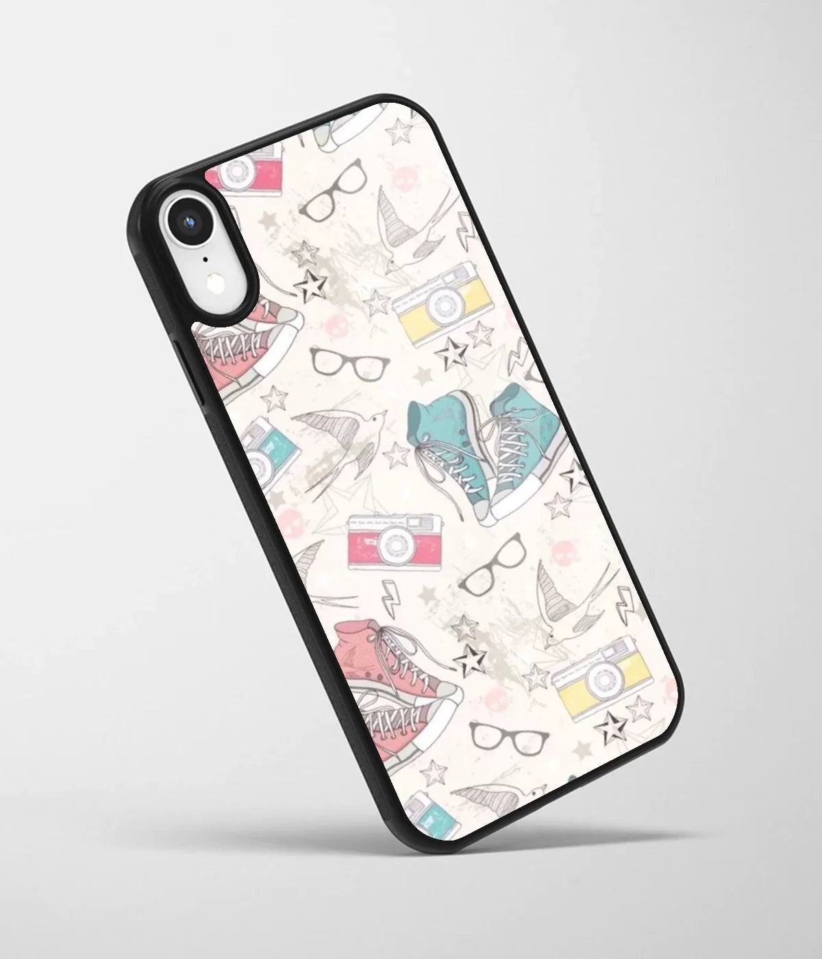 An angled view of a glass phone case featuring a vibrant design.