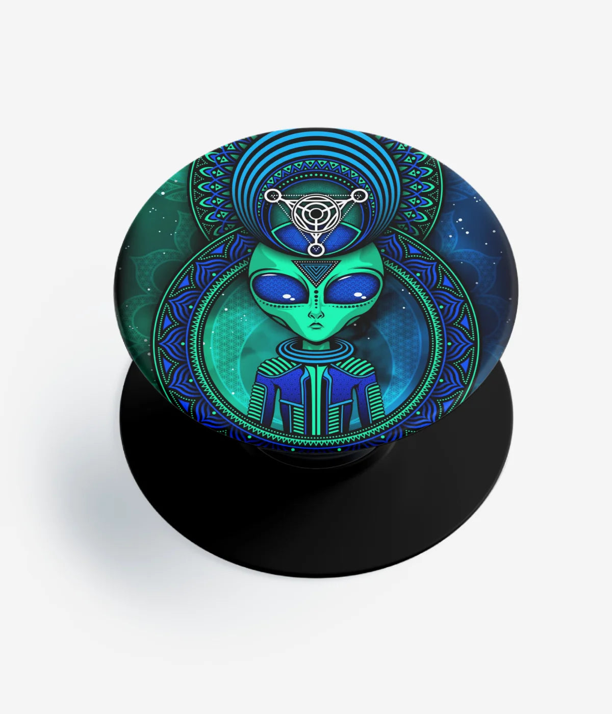 A top-down view of a phone grip holder on a clean white background