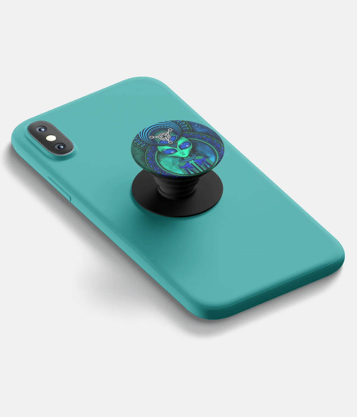 A top-down view of a phone grip holder attached to a mobile phone case on a white background