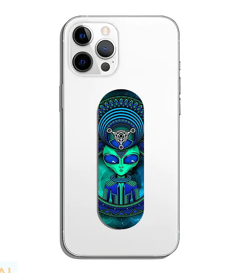 A phone grip slider applied to the back of a smartphone.