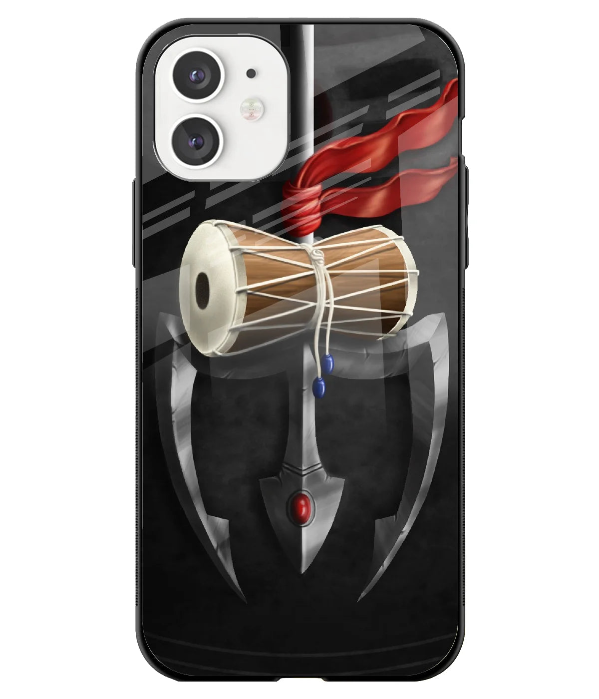 A front-on view of a glass phone case with a colorful design.