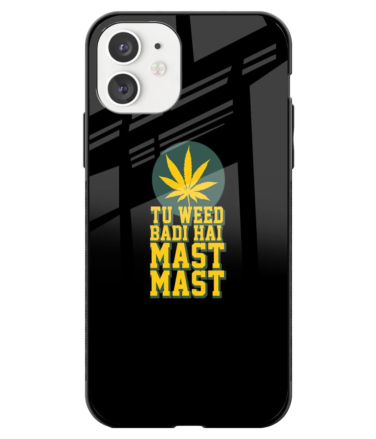 A front-on view of a glass phone case with a colorful design.