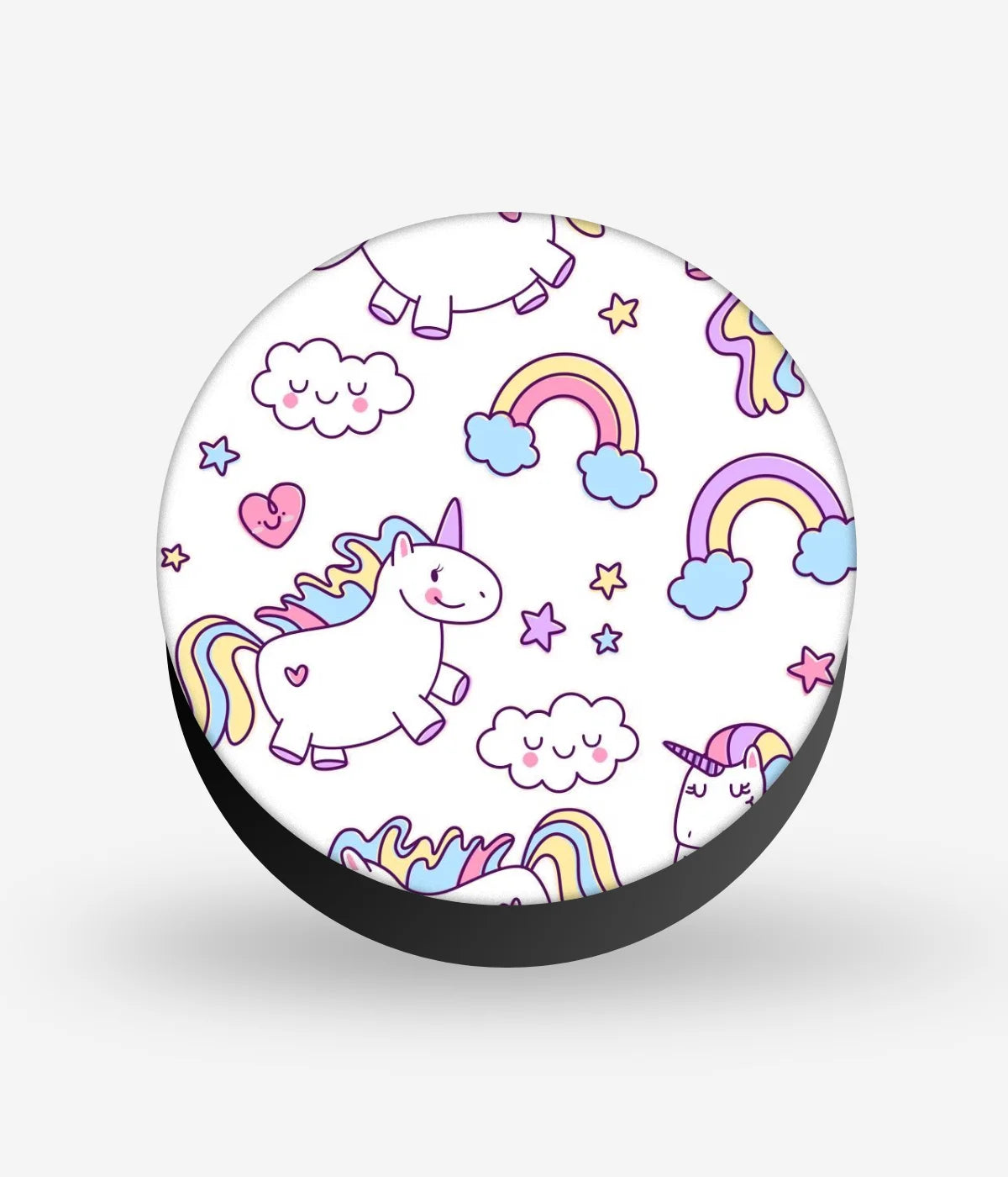 Mobile phone grip with a colorful design on a white background