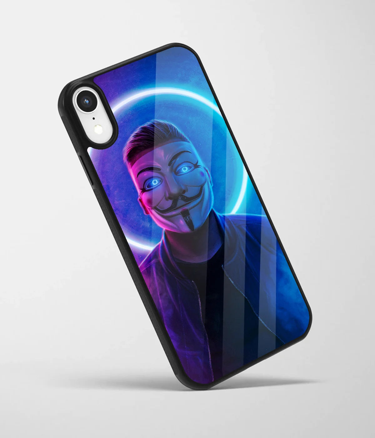 An angled view of a glass phone case featuring a vibrant design.