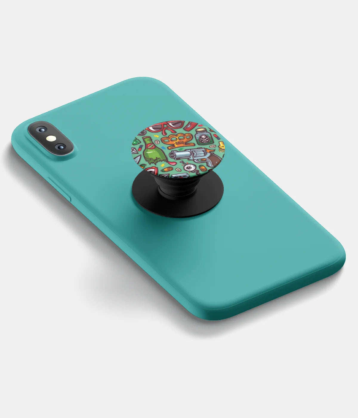 A top-down view of a phone grip holder attached to a mobile phone case on a white background