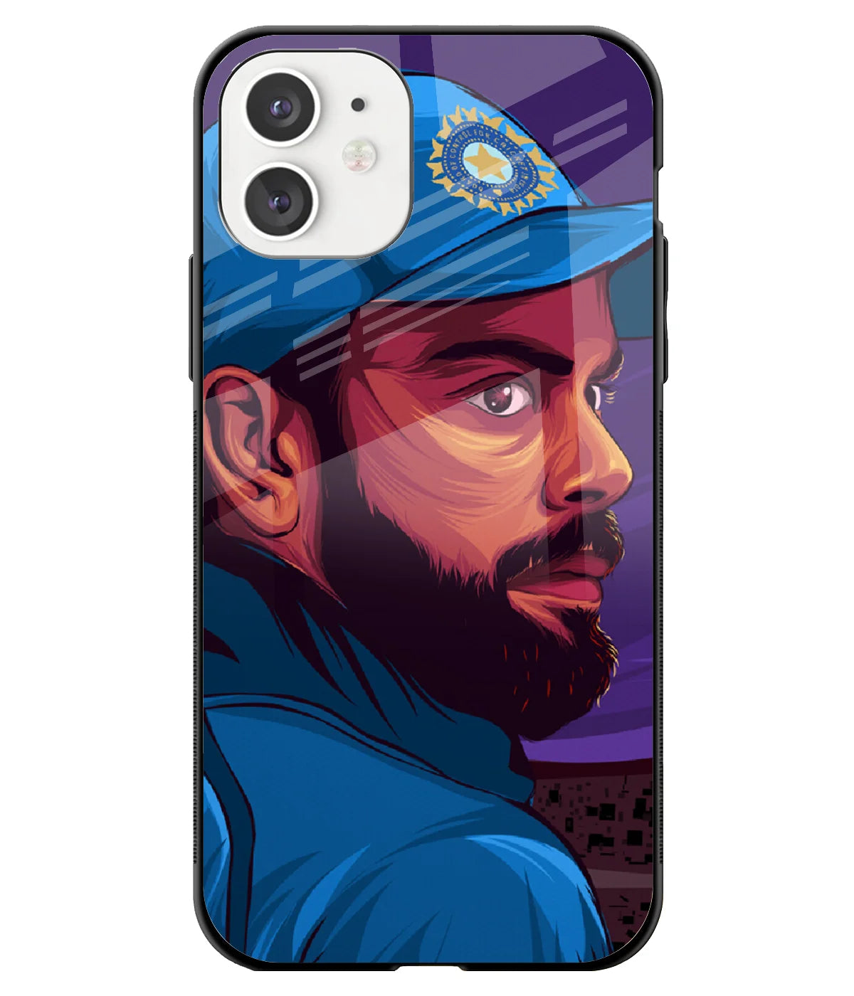 A front-on view of a glass phone case with a colorful design.