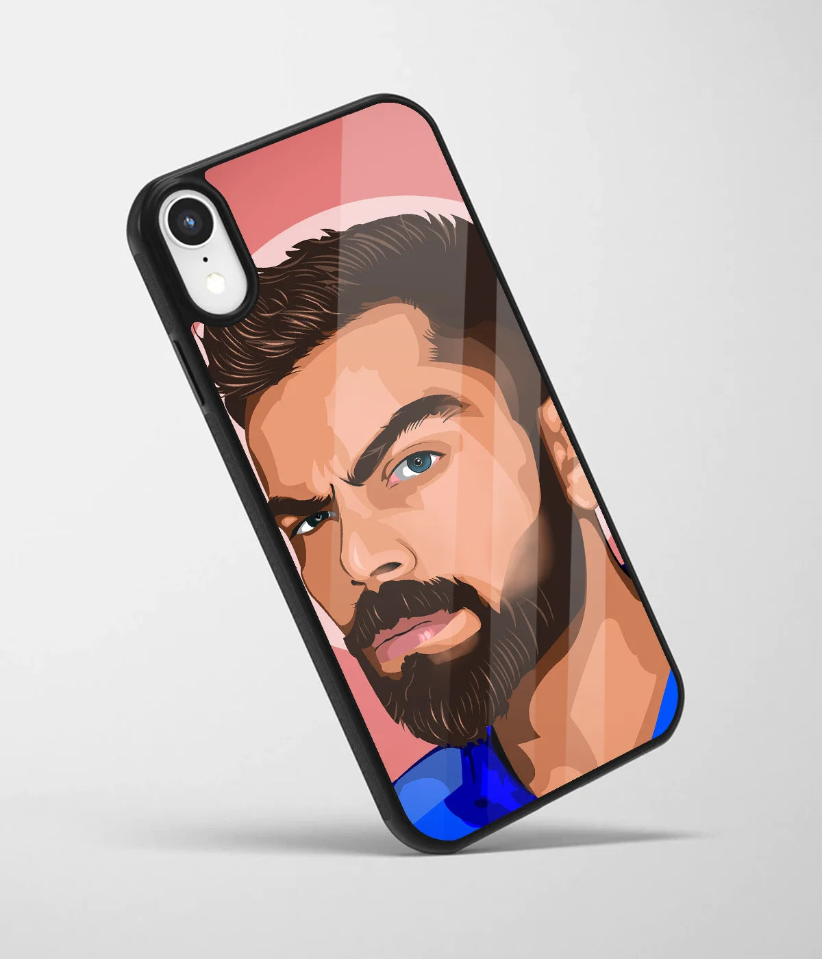 An angled view of a glass phone case featuring a vibrant design.