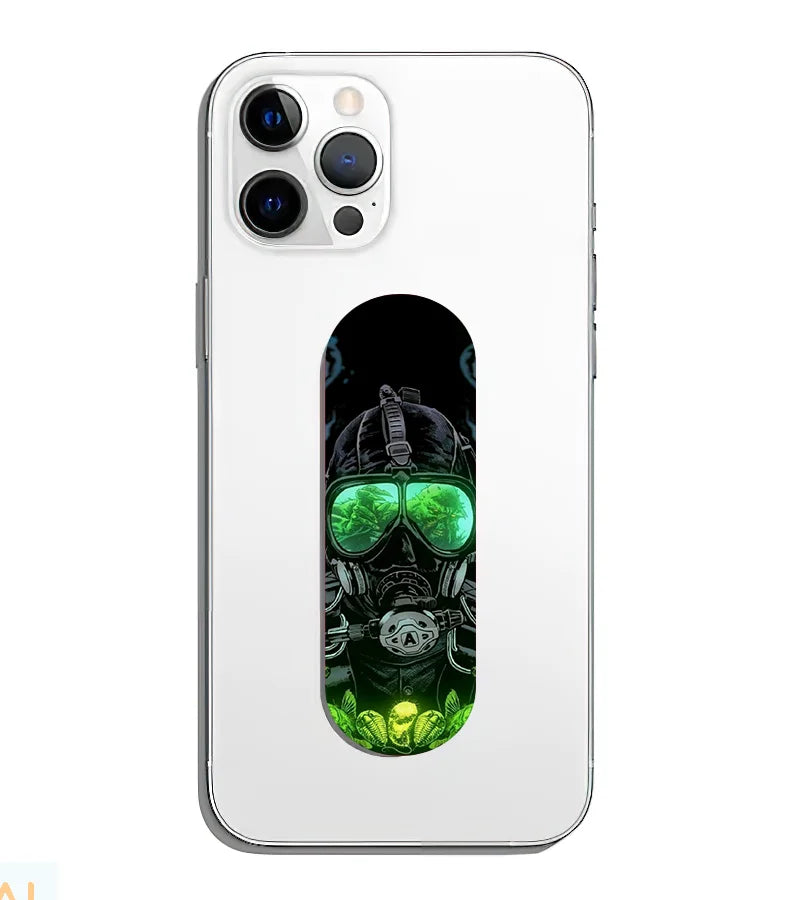 A phone grip slider applied to the back of a smartphone.