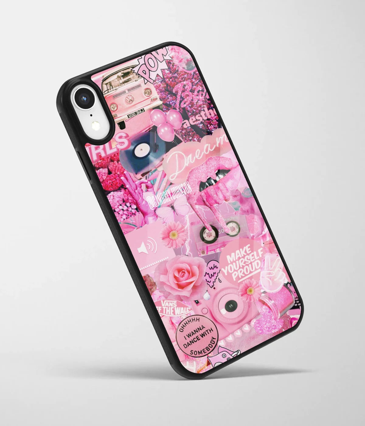 An angled view of a glass phone case featuring a vibrant design.