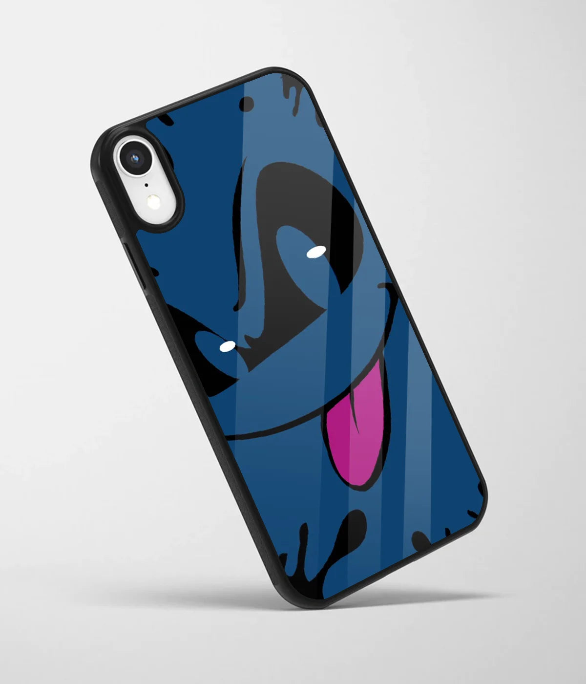 An angled view of a glass phone case featuring a vibrant design.