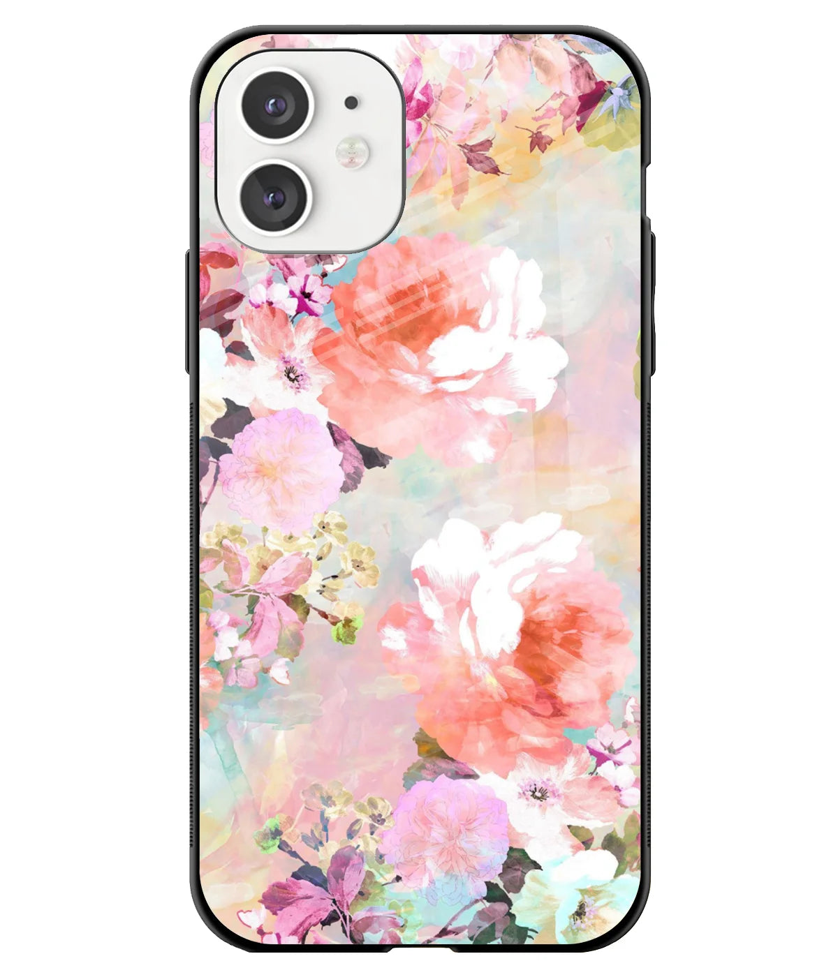 A front-on view of a glass phone case with a colorful design.