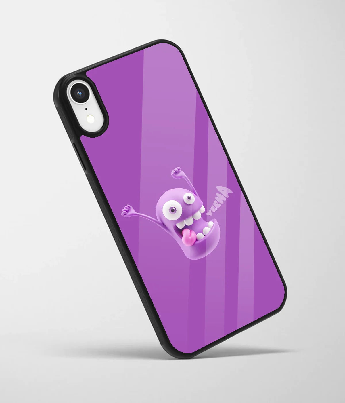 An angled view of a glass phone case featuring a vibrant design.