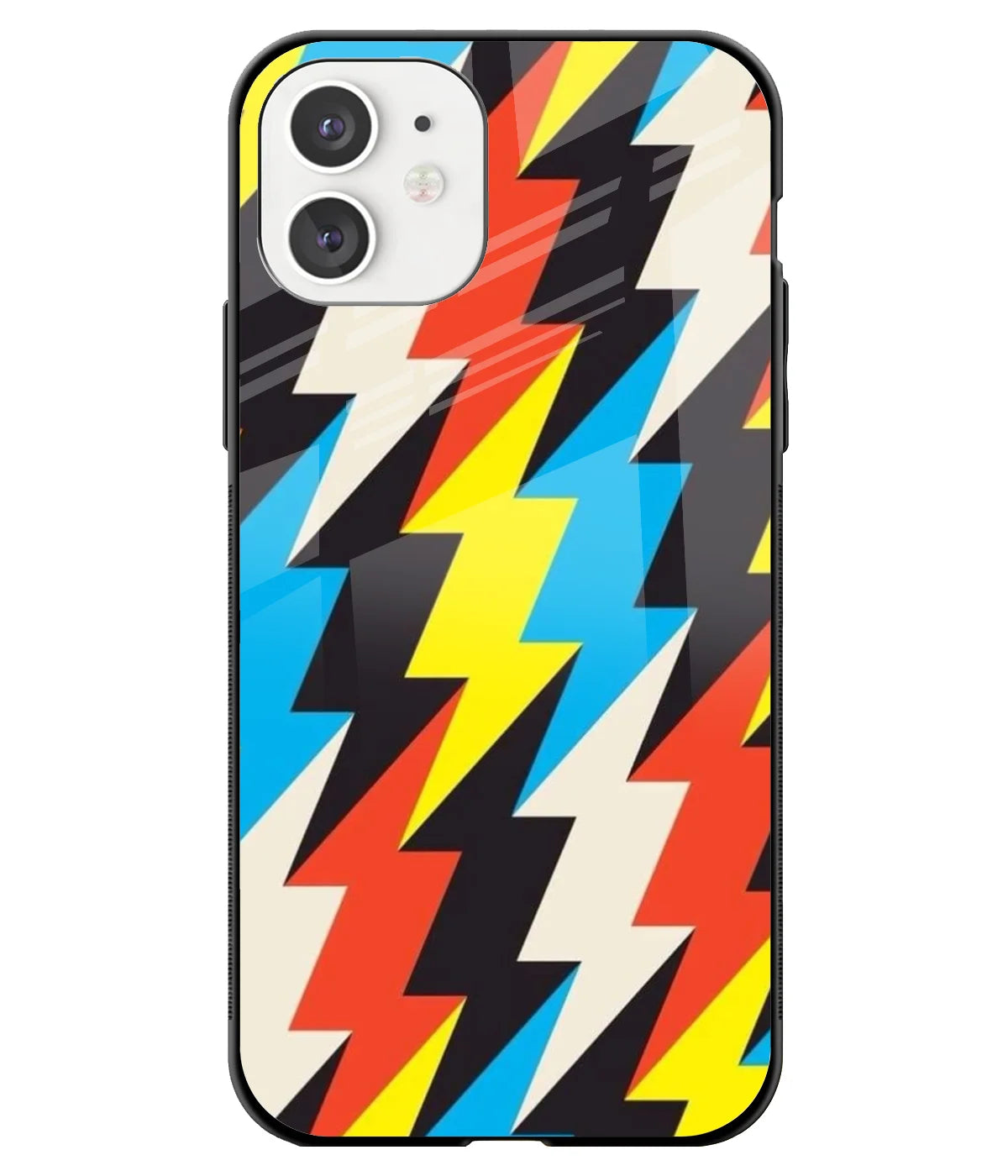 A front-on view of a glass phone case with a colorful design.